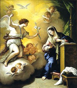 Annunciation by Paolo de Matteis, 1712. The white lily in the angel's hand is symbolic of Mary's purity [1] in Marian art.[2]. Public Domain